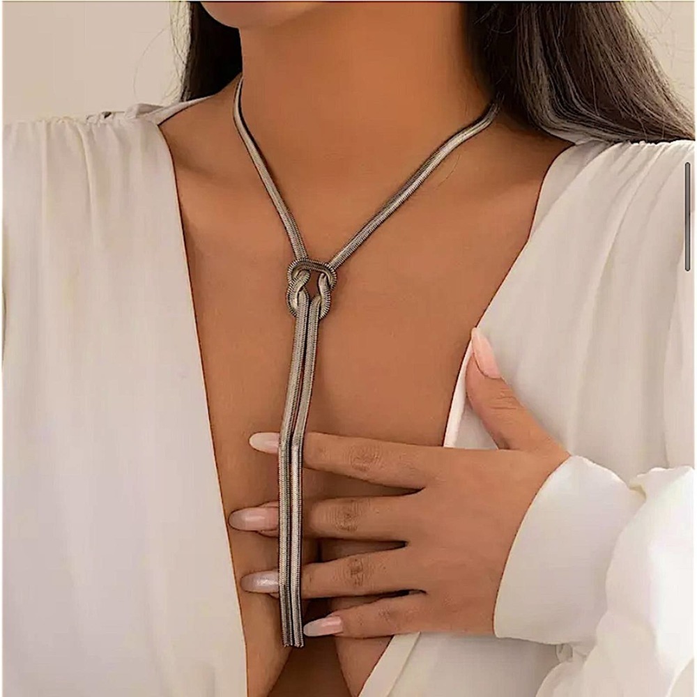 Silver Knot Tassel Snake Flat Herringbone Vintage Necklace